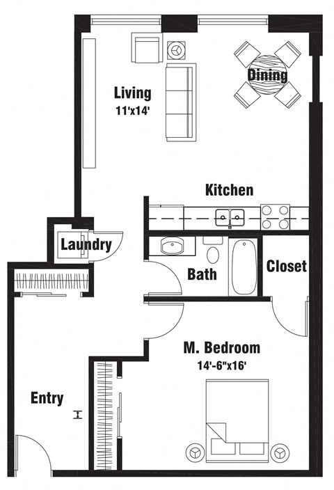 Floor plan for 1 bed, 1 bath, 828 sqft